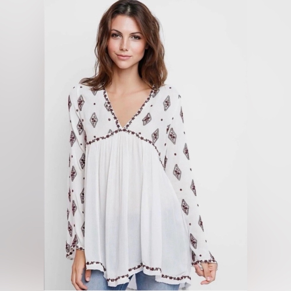 Free people Small Ivory Diamond Embroidered Bell Sleeve Tunic